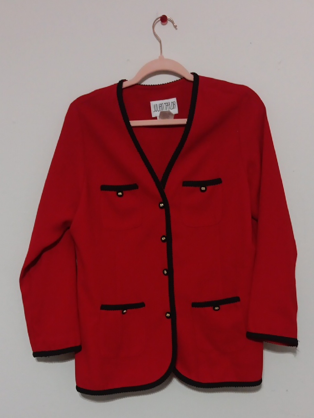 Julian Taylor Red Open-Front Jacket with Black Trim 22" Ptp
